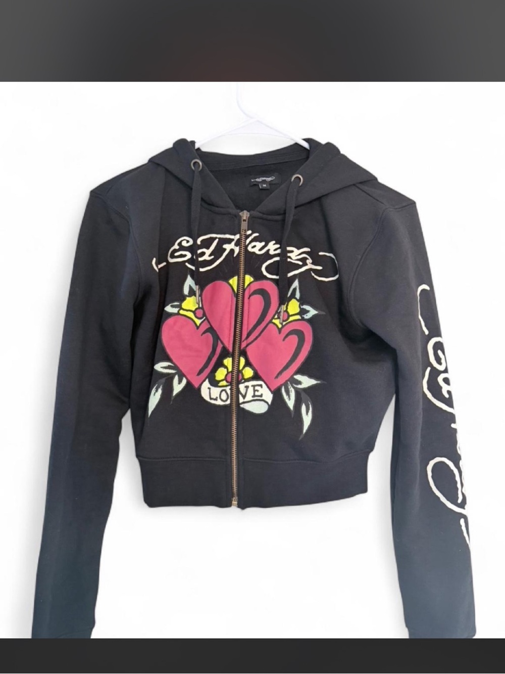 Ed Hardy Black Zip cropped Front Teddy Jacket with Pink Heart Motif- size medium